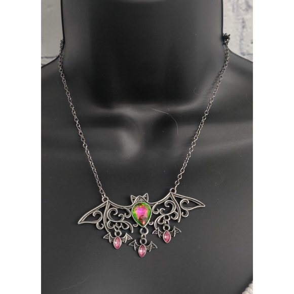 Pink & Green Antiqued Mama Bat Necklace - Picture 7 of 7